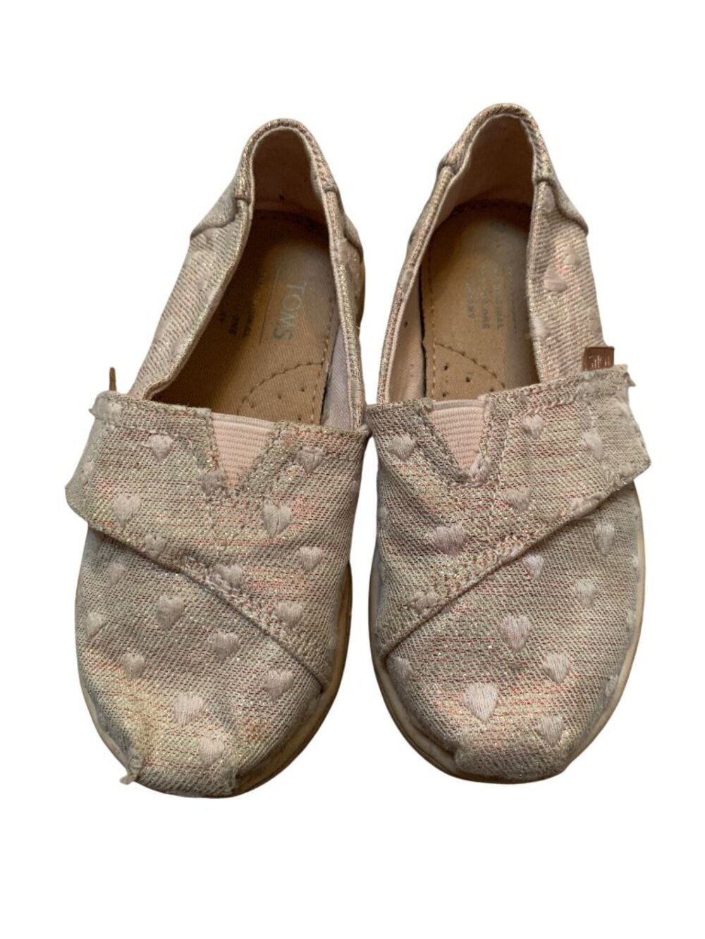 Toms Womens Pink Glitter Canvas Slip-On Shoes Size 8 Heart Pattern Casual Flats